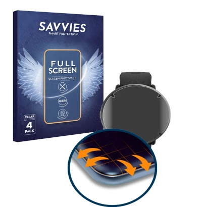Vorderseite einer Produktverpackung mit dem Markenlogo Savvies. Daneben ist das Gerät Polar Ignite 3 Titanium mit dem zugehöri