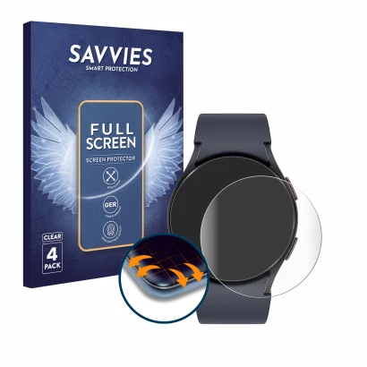 Vorderseite einer Produktverpackung mit dem Markenlogo Savvies. Daneben ist das Gerät Samsung Galaxy Watch 6 (44 mm) mit dem z