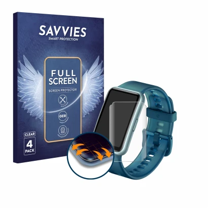 Vorderseite einer Produktverpackung mit dem Markenlogo Savvies. Daneben ist das Gerät Huawei Watch Fit Special Edition mit dem