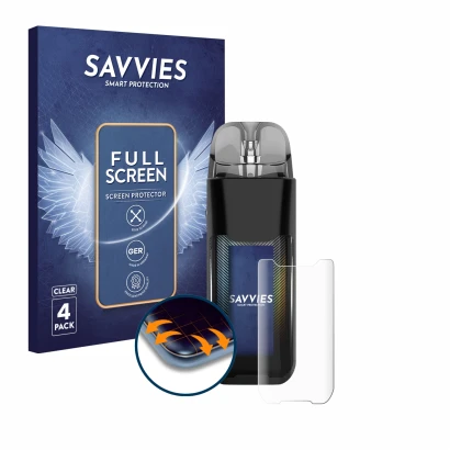 Vorderseite einer Produktverpackung mit dem Markenlogo Savvies. Daneben ist das Gerät Vaporesso Luxe XR mit dem zugehörigen Di