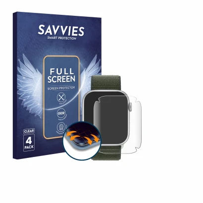 Vorderseite einer Produktverpackung mit dem Markenlogo Savvies. Daneben ist das Gerät Apple Watch Series 9 (41 mm) mit dem zug