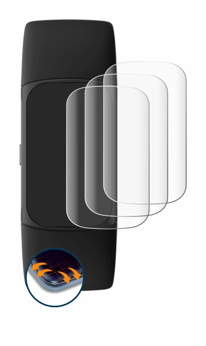 Abbildung des Geräts Fitbit Charge 6 mit einer Vielzahl des Displayschutzes.