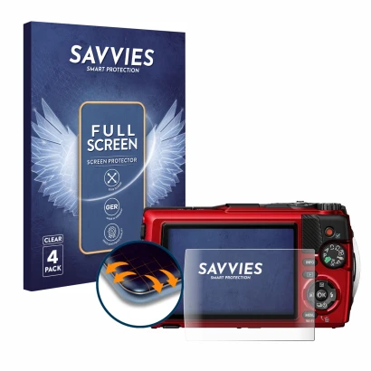 Vorderseite einer Produktverpackung mit dem Markenlogo Savvies. Daneben ist das Gerät Olympus OM System Tough TG-7 mit dem zug
