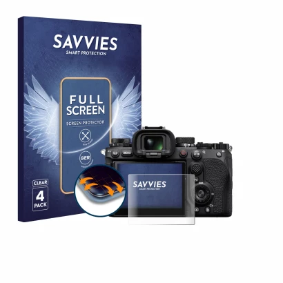 Vorderseite einer Produktverpackung mit dem Markenlogo Savvies. Daneben ist das Gerät Sony Alpha 9 III mit dem zugehörigen Dis