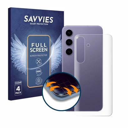 Vorderseite einer Produktverpackung mit dem Markenlogo Savvies. Daneben ist das Gerät Samsung Galaxy S24 (Rückseite) mit dem z