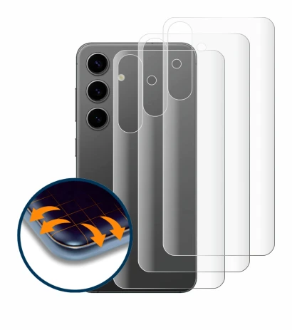 Abbildung des Geräts Samsung Galaxy S24 Plus (Rückseite) mit einer Vielzahl des Displayschutzes.