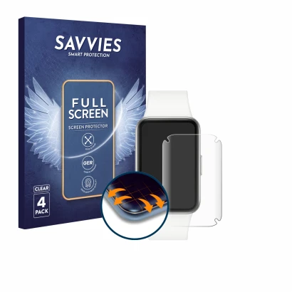 Vorderseite einer Produktverpackung mit dem Markenlogo Savvies. Daneben ist das Gerät Samsung Galaxy Fit3 mit dem zugehörigen 