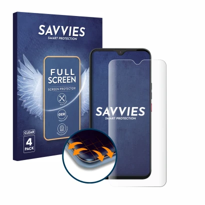 Vorderseite einer Produktverpackung mit dem Markenlogo Savvies. Daneben ist das Gerät Gigaset GS5 PRO SE mit dem zugehörigen D