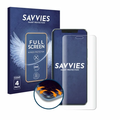 Vorderseite einer Produktverpackung mit dem Markenlogo Savvies. Daneben ist das Gerät Honor Magic 6 Pro mit dem zugehörigen Di