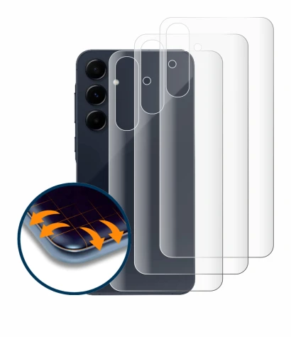 Abbildung des Geräts Samsung Galaxy A55 5G (Rückseite) mit einer Vielzahl des Displayschutzes.