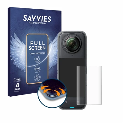 Vorderseite einer Produktverpackung mit dem Markenlogo Savvies. Daneben ist das Gerät Insta360 X4 mit dem zugehörigen Displays
