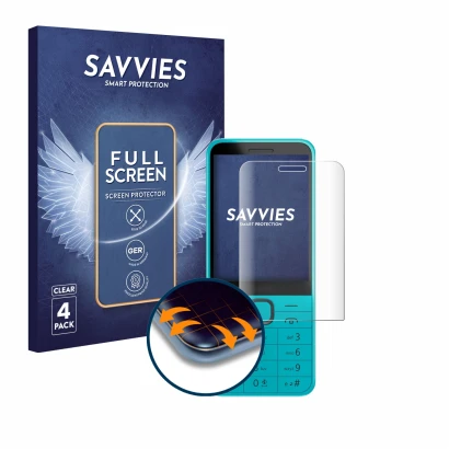 Vorderseite einer Produktverpackung mit dem Markenlogo Savvies. Daneben ist das Gerät Nokia 235 4G (2024) mit dem zugehörigen 