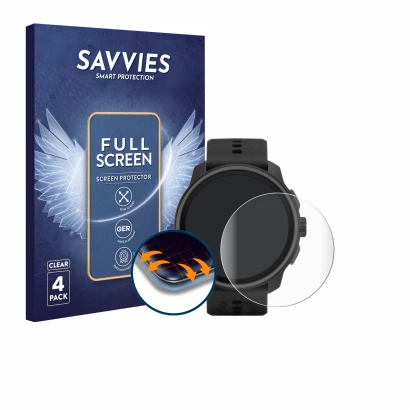 Vorderseite einer Produktverpackung mit dem Markenlogo Savvies. Daneben ist das Gerät Suunto Race S mit dem zugehörigen Displa