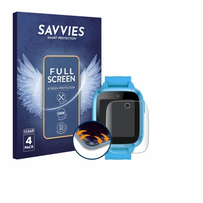 Vorderseite einer Produktverpackung mit dem Markenlogo Savvies. Daneben ist das Gerät Xplora Kidzi Watch mit dem zugehörigen D