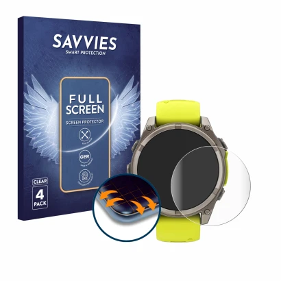 Vorderseite einer Produktverpackung mit dem Markenlogo Savvies. Daneben ist das Gerät Garmin Fenix 8 Solar (47 mm) mit dem zug