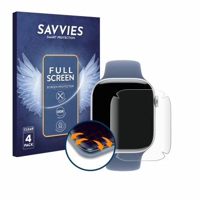 Vorderseite einer Produktverpackung mit dem Markenlogo Savvies. Daneben ist das Gerät Apple Watch Series 10 (46 mm) mit dem zu