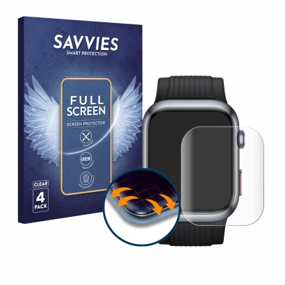 Vorderseite einer Produktverpackung mit dem Markenlogo Savvies. Daneben ist das Gerät Huawei Watch D2 mit dem zugehörigen Disp