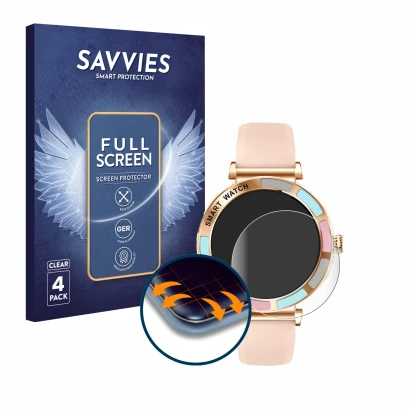 Vorderseite einer Produktverpackung mit dem Markenlogo Savvies. Daneben ist das Gerät Bekomiya Smartwatch 1.27" mit dem zugehö