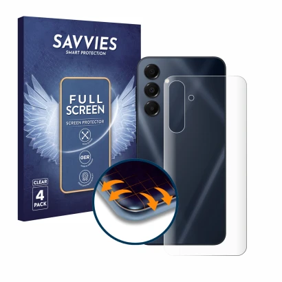 Vorderseite einer Produktverpackung mit dem Markenlogo Savvies. Daneben ist das Gerät Samsung Galaxy A16 5G (Rückseite) mit de