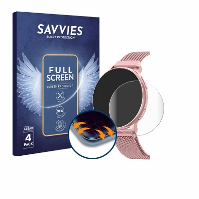 Vorderseite einer Produktverpackung mit dem Markenlogo Savvies. Daneben ist das Gerät Banlvs Smartwatch 1.27" mit dem zugehöri