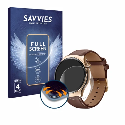 Vorderseite einer Produktverpackung mit dem Markenlogo Savvies. Daneben ist das Gerät Xiaomi Mibro Lite 3 Pro mit dem zugehöri