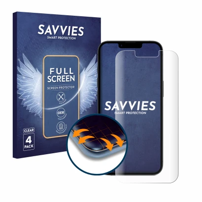 Vorderseite einer Produktverpackung mit dem Markenlogo Savvies. Daneben ist das Gerät Apple iPhone 16e mit dem zugehörigen Dis