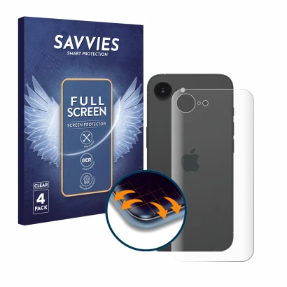Vorderseite einer Produktverpackung mit dem Markenlogo Savvies. Daneben ist das Gerät Apple iPhone 16e (Rückseite) mit dem zug