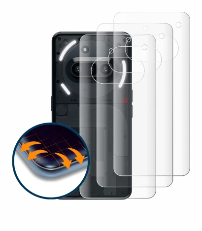 Abbildung des Geräts Nothing Phone (3a) (Rückseite) mit einer Vielzahl des Displayschutzes.