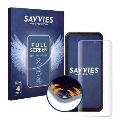 Vorderseite einer Produktverpackung mit dem Markenlogo Savvies. Daneben ist das Gerät Samsung Galaxy XCover 7 Pro mit dem zuge