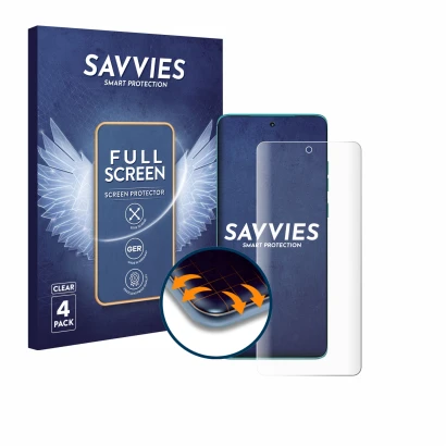 Vorderseite einer Produktverpackung mit dem Markenlogo Savvies. Daneben ist das Gerät Motorola Edge 60 mit dem zugehörigen Dis