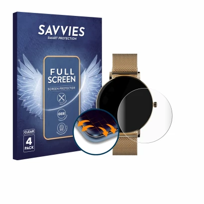 Vorderseite einer Produktverpackung mit dem Markenlogo Savvies. Daneben ist das Gerät ZenWatch Venice Pro mit dem zugehörigen 