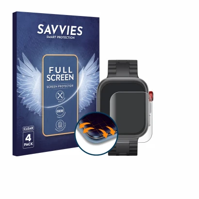 Vorderseite einer Produktverpackung mit dem Markenlogo Savvies. Daneben ist das Gerät Huawei Watch Fit 4 Pro mit dem zugehörig