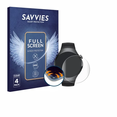 Vorderseite einer Produktverpackung mit dem Markenlogo Savvies. Daneben ist das Gerät Huawei Watch 5 (46 mm) mit dem zugehörig
