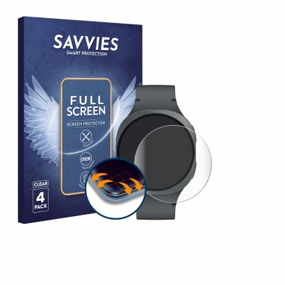 Vorderseite einer Produktverpackung mit dem Markenlogo Savvies. Daneben ist das Gerät Samsung Galaxy Watch 8 (40 mm) mit dem z