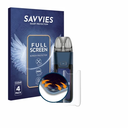 Vorderseite einer Produktverpackung mit dem Markenlogo Savvies. Daneben ist das Gerät Vaporesso Luxe XR Max 2 mit dem zugehöri