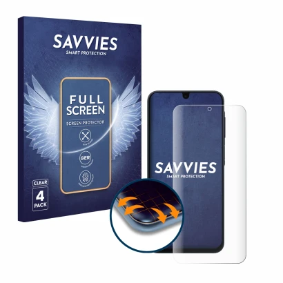 Vorderseite einer Produktverpackung mit dem Markenlogo Savvies. Daneben ist das Gerät Samsung Galaxy A17 5G mit dem zugehörige