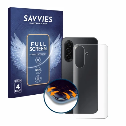 Vorderseite einer Produktverpackung mit dem Markenlogo Savvies. Daneben ist das Gerät Samsung Galaxy A17 5G (Rückseite) mit de