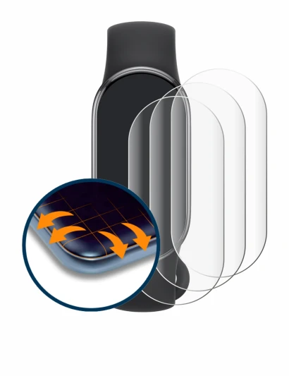 Abbildung des Geräts Xiaomi Smart Band 10 mit einer Vielzahl des Displayschutzes.