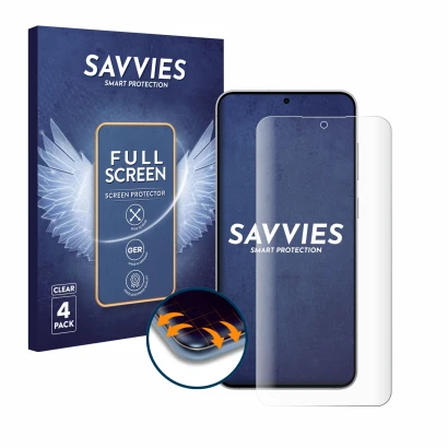 Vorderseite einer Produktverpackung mit dem Markenlogo Savvies. Daneben ist das Gerät Samsung Galaxy S25 FE mit dem zugehörige