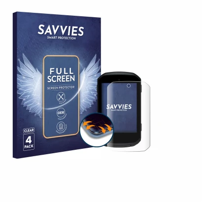 Vorderseite einer Produktverpackung mit dem Markenlogo Savvies. Daneben ist das Gerät Garmin Edge 850 mit dem zugehörigen Disp