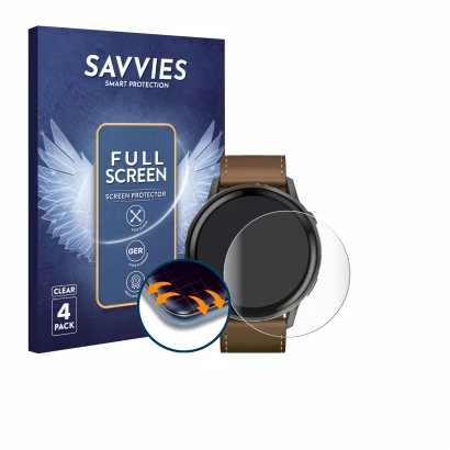 Vorderseite einer Produktverpackung mit dem Markenlogo Savvies. Daneben ist das Gerät Garmin Venu 4 (45 mm) mit dem zugehörige