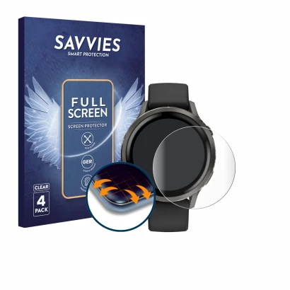 Vorderseite einer Produktverpackung mit dem Markenlogo Savvies. Daneben ist das Gerät Garmin Venu 4 (41 mm) mit dem zugehörige