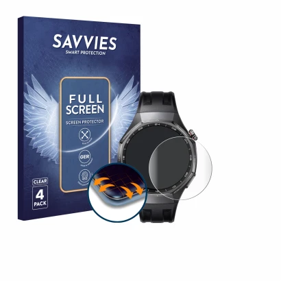 Vorderseite einer Produktverpackung mit dem Markenlogo Savvies. Daneben ist das Gerät Huawei Watch GT 6 Pro (46 mm) mit dem zu