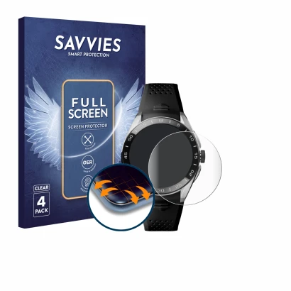 Vorderseite einer Produktverpackung mit dem Markenlogo Savvies. Daneben ist das Gerät TAG Heuer Connected Calibre E5 (45 mm) m