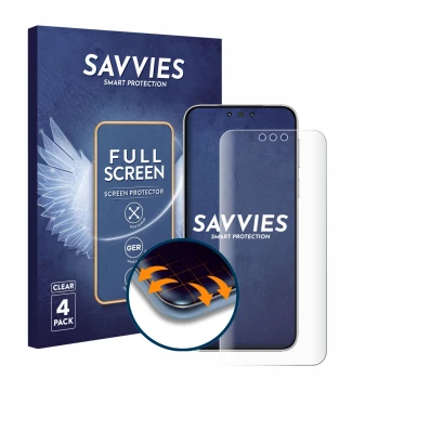 Vorderseite einer Produktverpackung mit dem Markenlogo Savvies. Daneben ist das Gerät Huawei Mate 80 Pro mit dem zugehörigen D