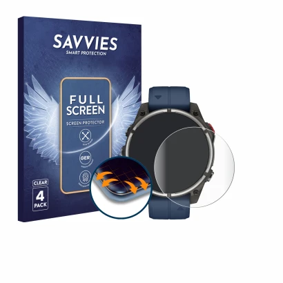 Vorderseite einer Produktverpackung mit dem Markenlogo Savvies. Daneben ist das Gerät Garmin quatix 8 Pro (47 mm) mit dem zuge
