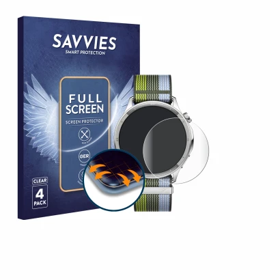 Vorderseite einer Produktverpackung mit dem Markenlogo Savvies. Daneben ist das Gerät Oppo Watch S mit dem zugehörigen Display