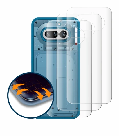 Abbildung des Geräts Nothing Phone (4a) (Rückseite) mit einer Vielzahl des Displayschutzes.