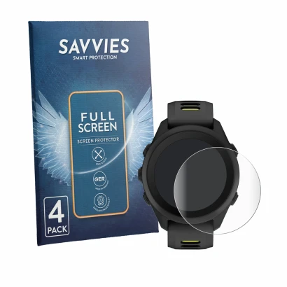 Vorderseite einer Produktverpackung mit dem Markenlogo Savvies. Daneben ist das Gerät Garmin Forerunner 170 mit dem zugehörige