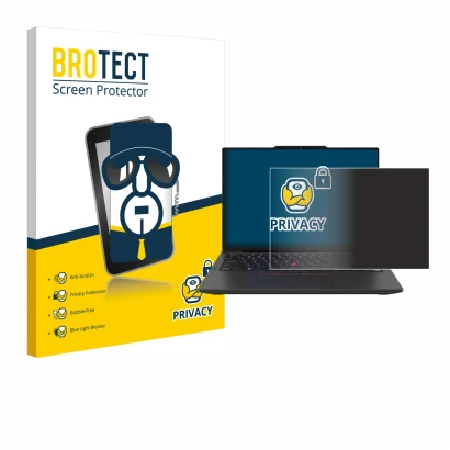 Vorderseite einer Produktverpackung mit dem Markenlogo BROTECT. Daneben ist das Gerät Lenovo ThinkPad X13 Gen 6 mit dem zugehö